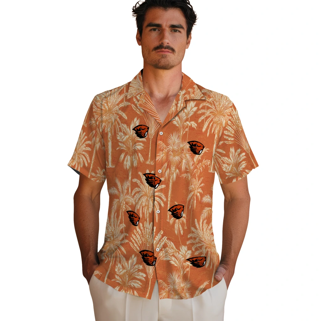 Oregon State Beavers Hawaiian Shirt - Vintage Palm Tree oregon state beavers palm shadows orange hawaiian shirts fashion forward