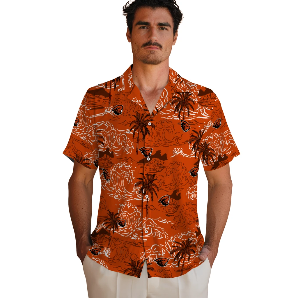 Oregon State Beavers Hawaiian Shirt - Wave Palm oregon state beavers wave palm orange hawaiian shirts fashion forward