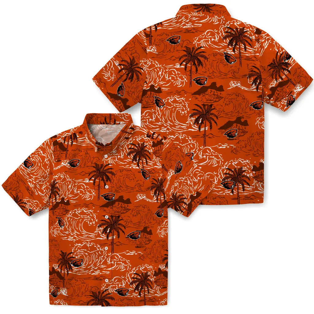 Oregon State Beavers Hawaiian Shirt - Wave Palm oregon state beavers wave palm orange hawaiian shirts high quality