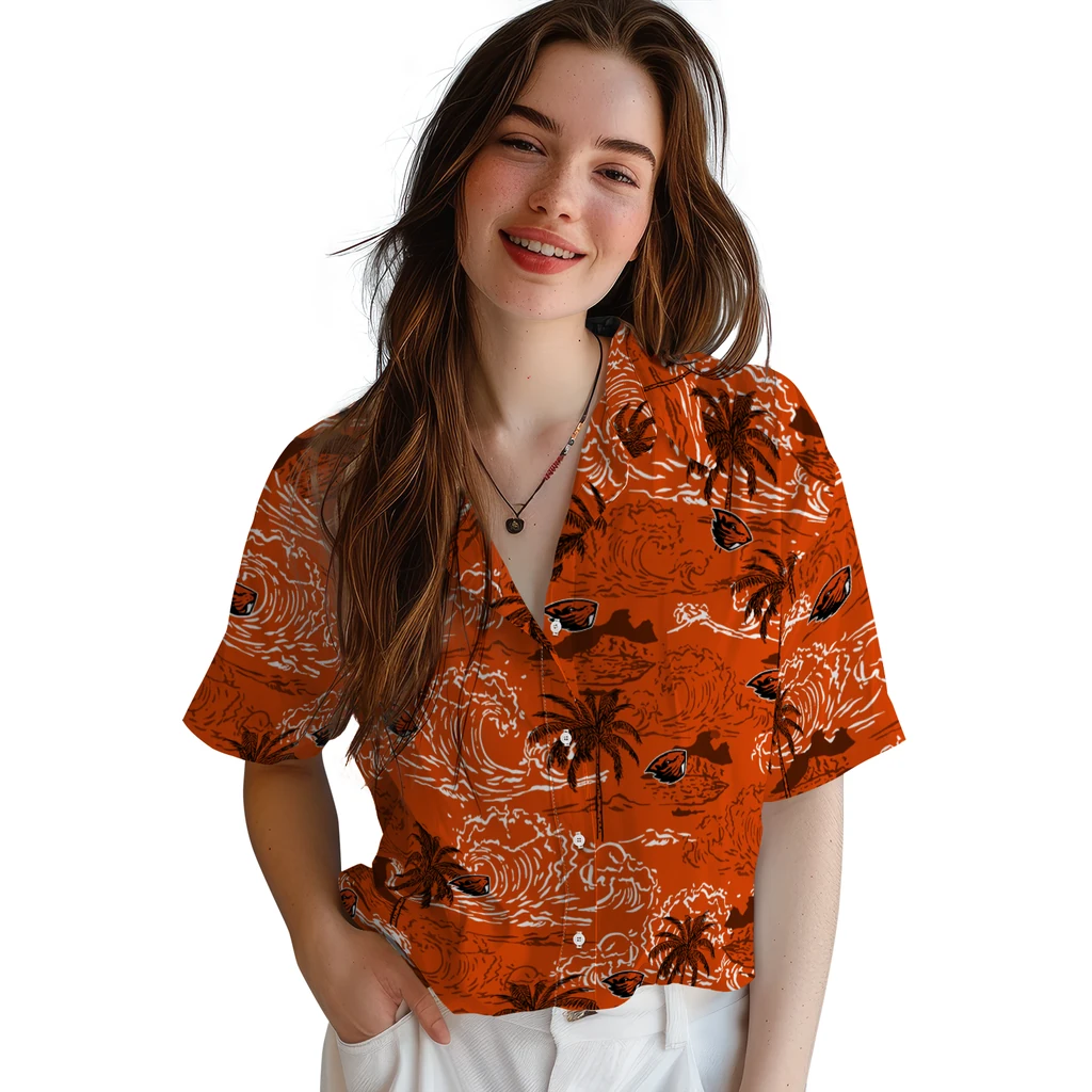 Oregon State Beavers Hawaiian Shirt - Wave Palm oregon state beavers wave palm orange hawaiian shirts latest model