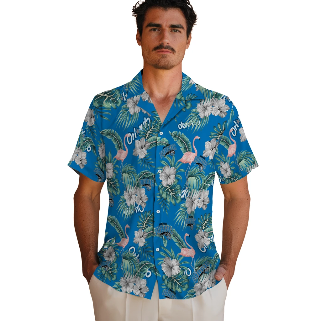 Orlando Magic Hawaiian Shirt - Flamingo and Hibiscus orlando magic flamingo palms blue hawaiian shirts fashion forward