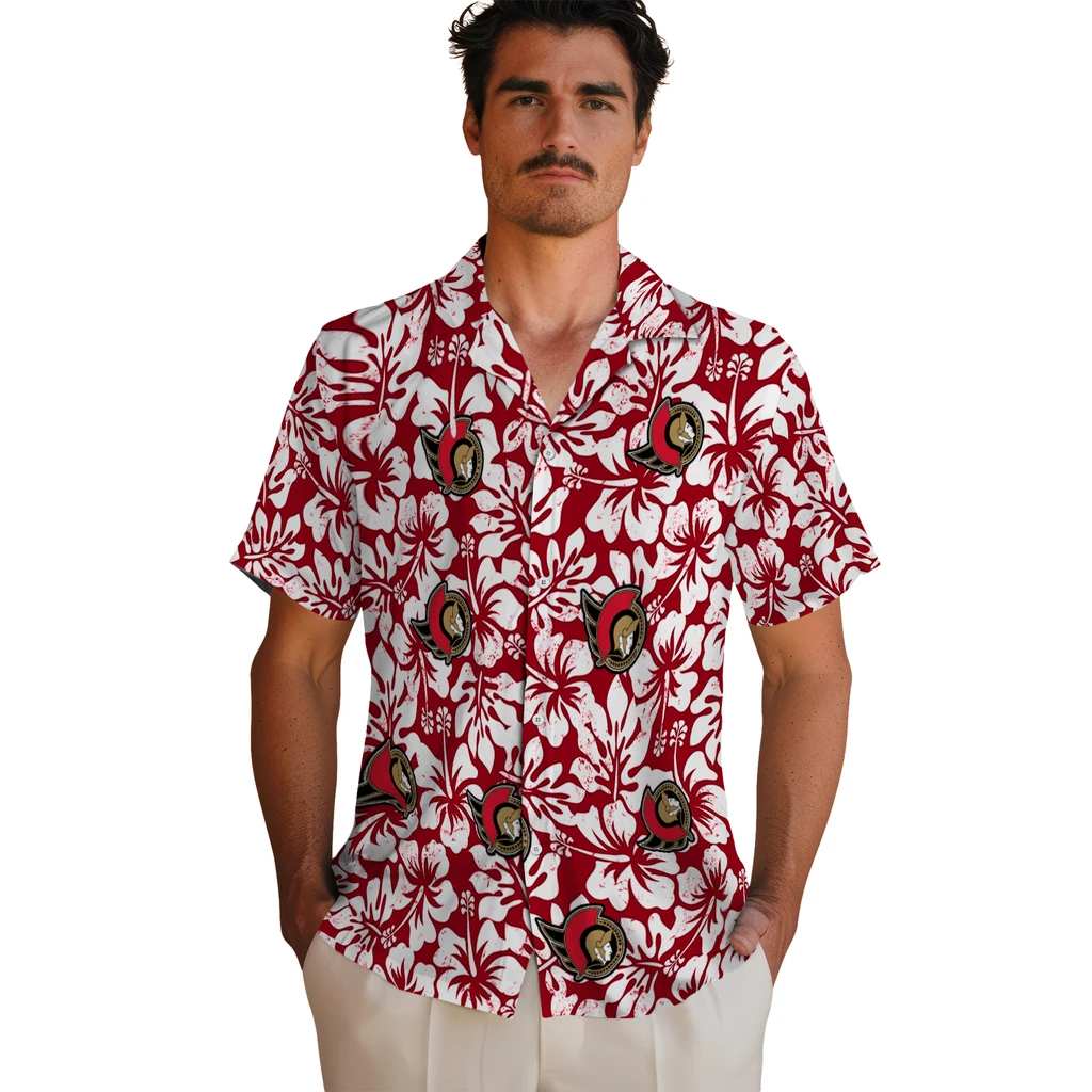 Ottawa Senators Hawaiian Shirt - Hibiscus Motif ottawa senators hibiscus motif red white hawaiian shirts fashion forward