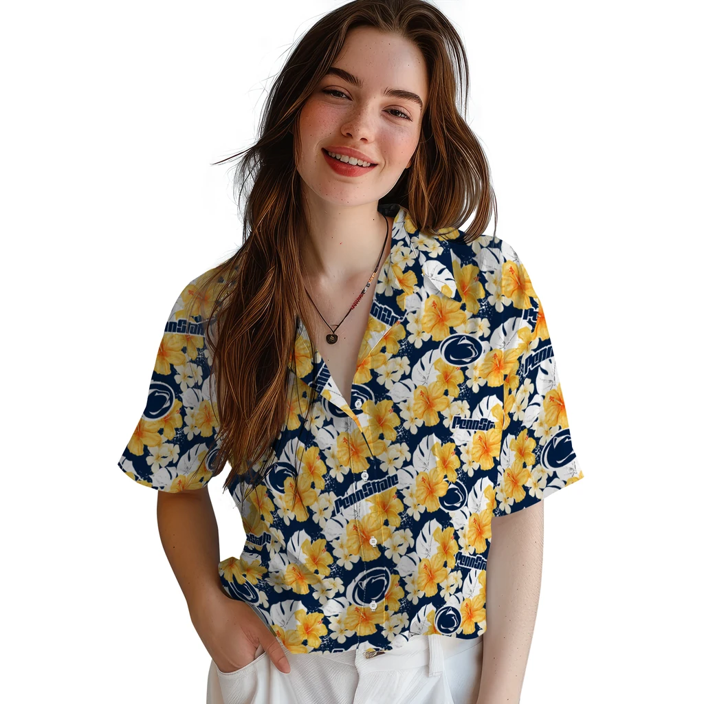 Penn State Nittany Lions Hawaiian Shirt - Hibiscus Tropics penn state nittany lions hibiscus tropics blue yellow hawaiian shirts latest model