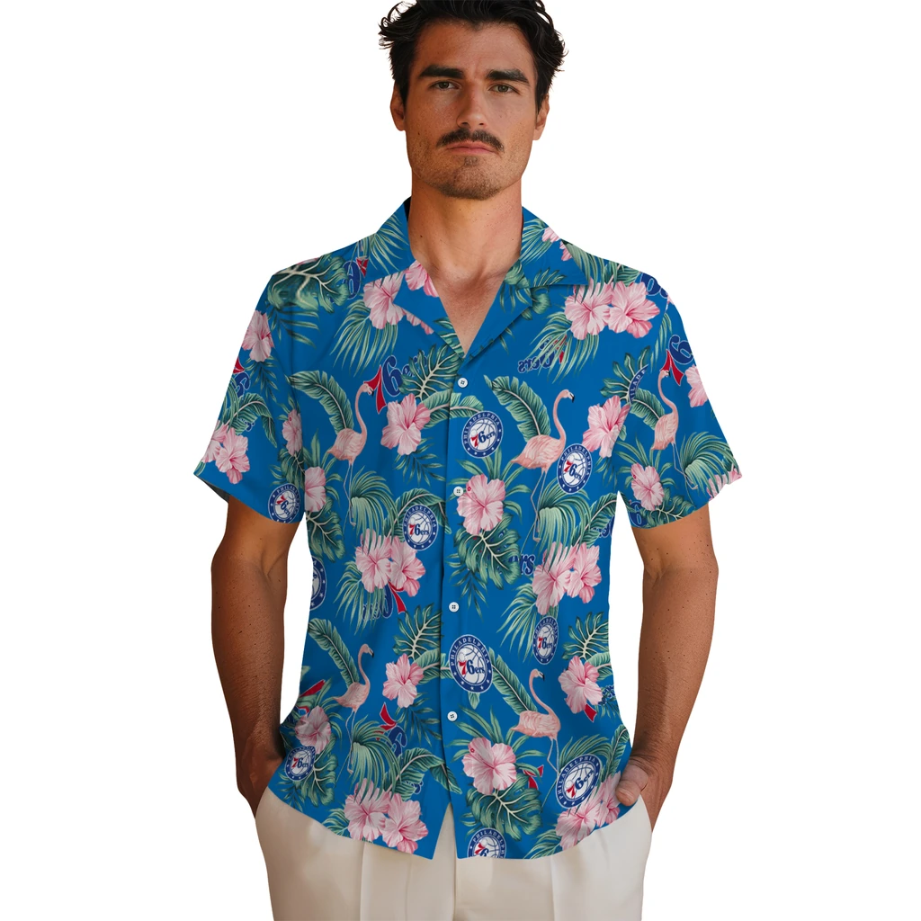 Philadelphia 76ers Hawaiian Shirt - Flamingo and Hibiscus philadelphia 76ers flamingo palms blue hawaiian shirts fashion forward