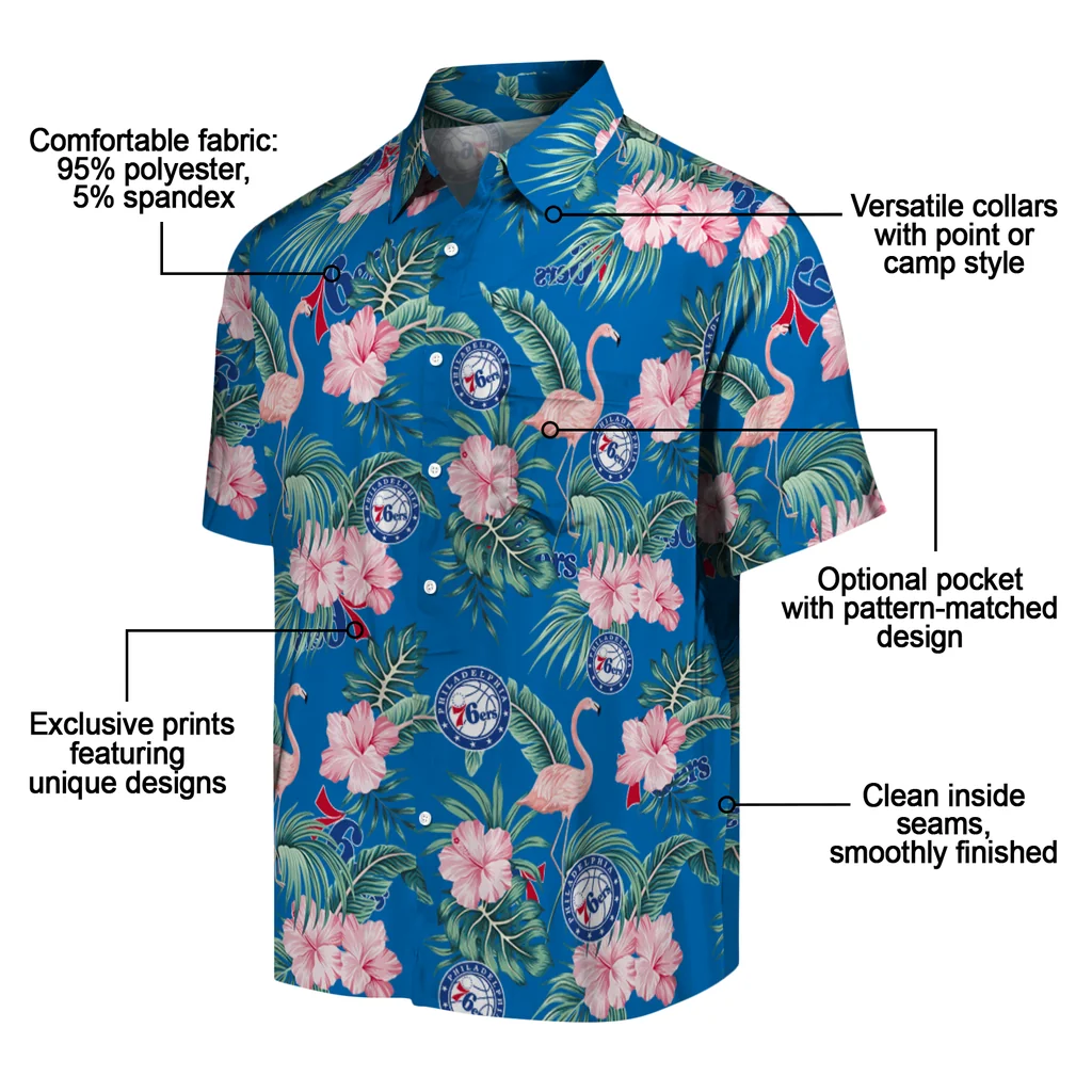 Philadelphia 76ers Hawaiian Shirt - Flamingo and Hibiscus philadelphia 76ers flamingo palms blue hawaiian shirts new arrival