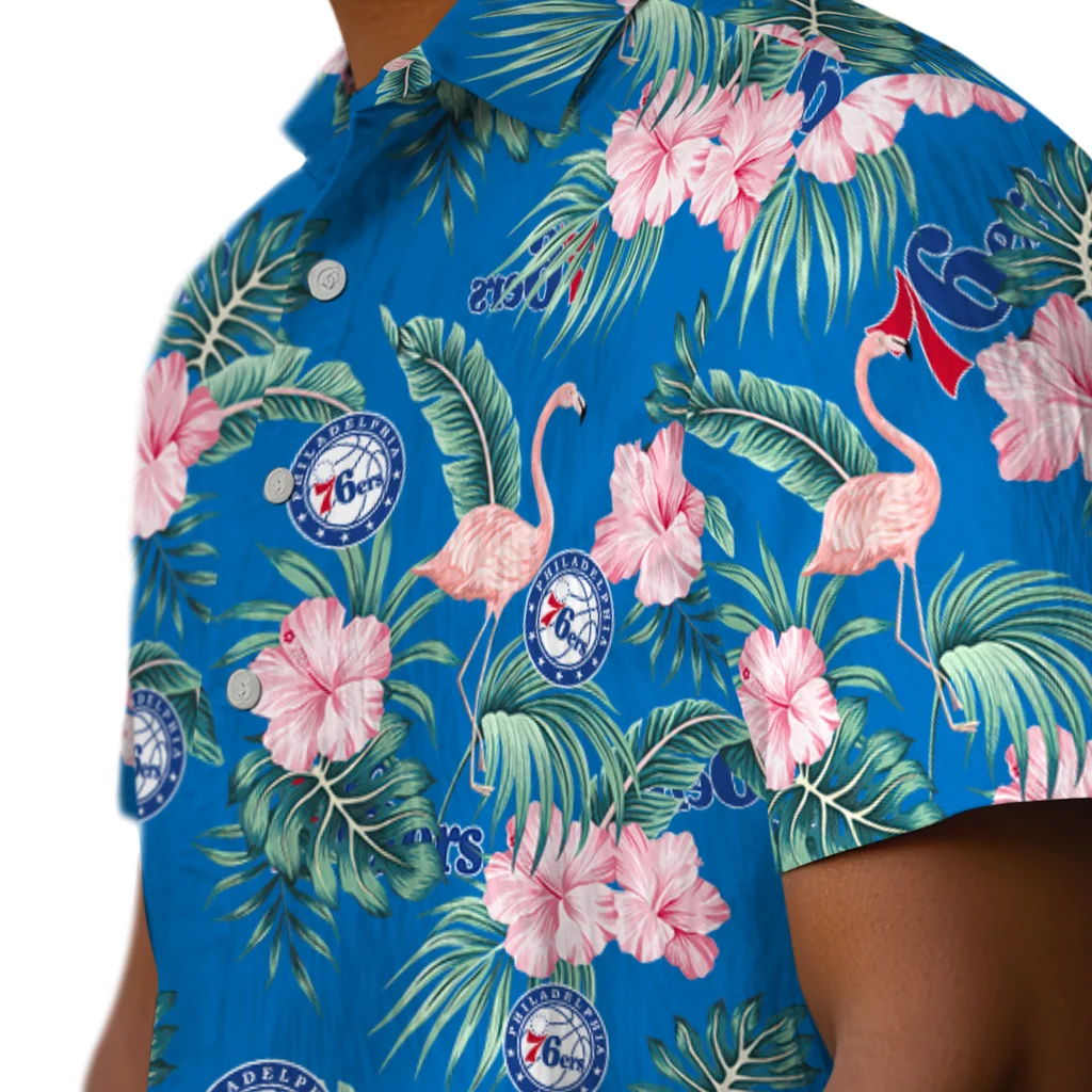 Philadelphia 76ers Hawaiian Shirt - Flamingo and Hibiscus philadelphia 76ers flamingo palms blue hawaiian shirts trendy