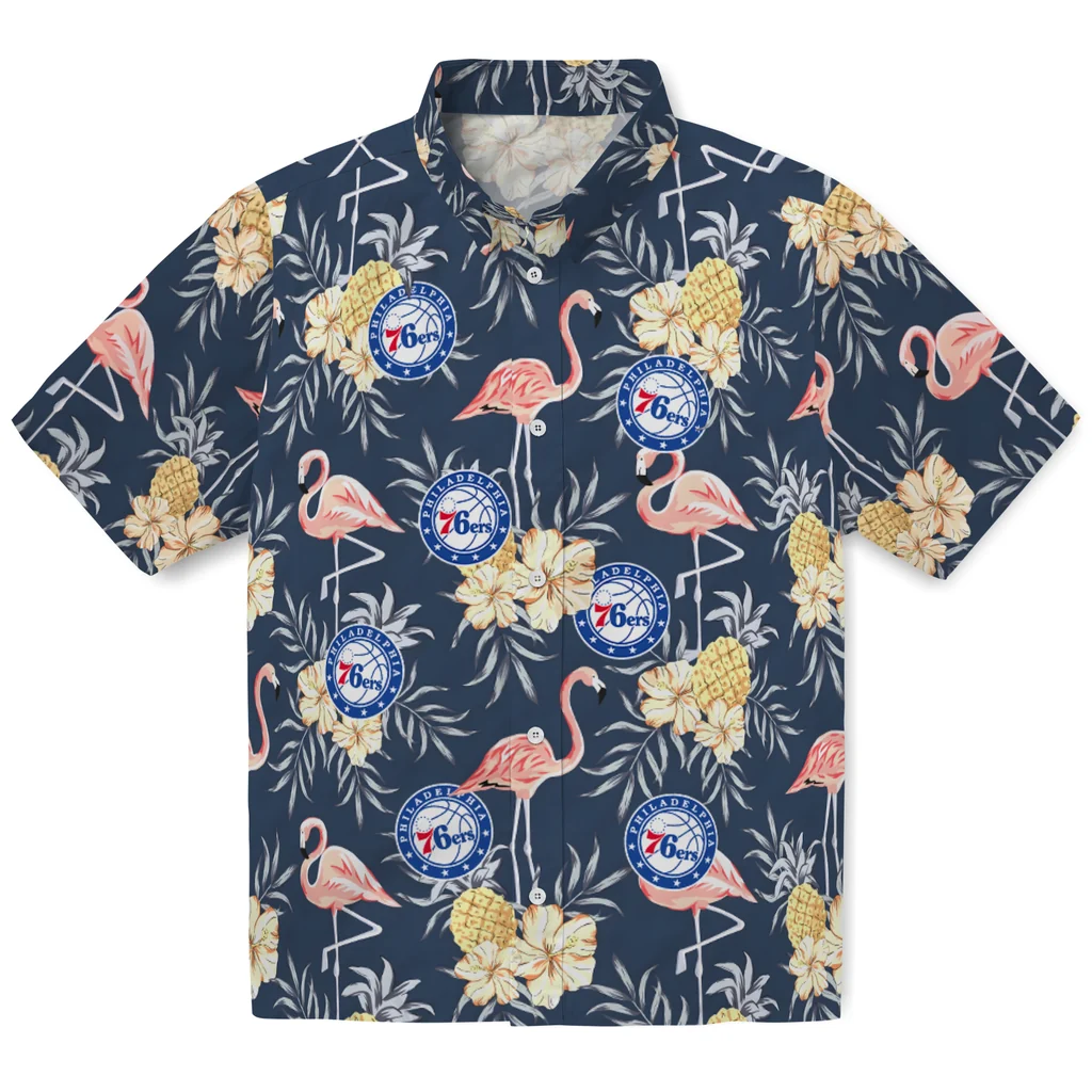 Philadelphia 76ers Hawaiian Shirt - Flamingo Hibiscus philadelphia 76ers flamingo hibiscus navy hawaiian shirts best selling