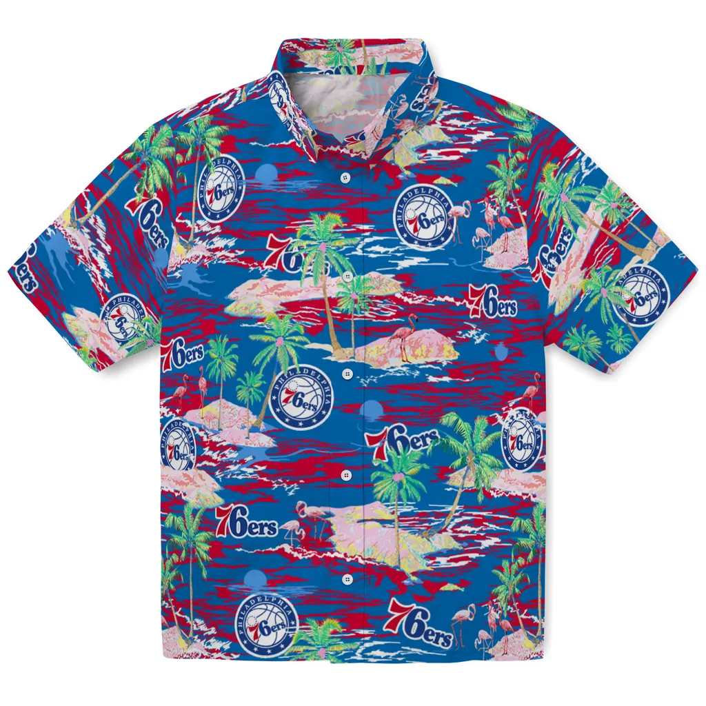 Philadelphia 76ers Hawaiian Shirt - Hawaii Island philadelphia 76ers flamingo retreat blue hawaiian shirts best selling