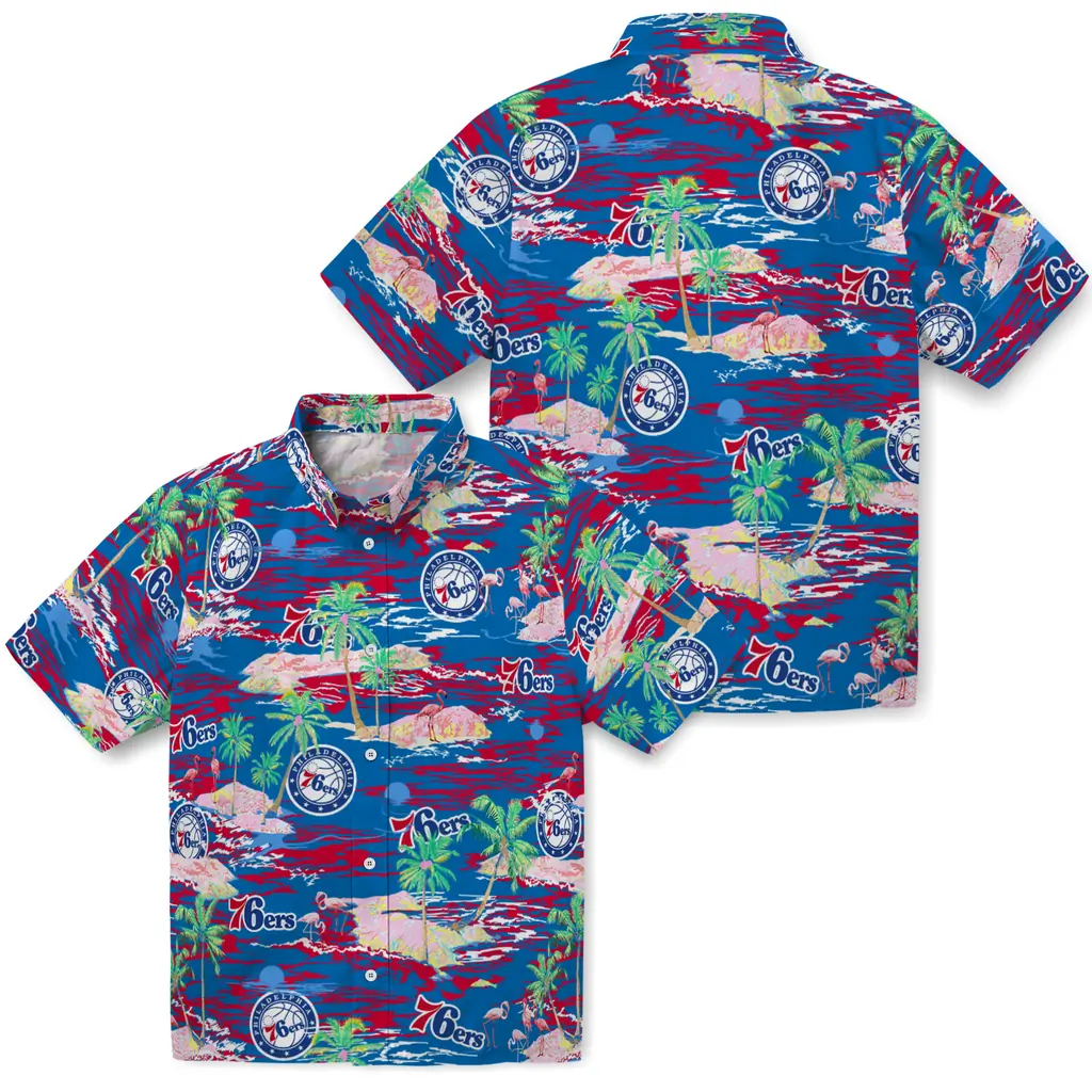 Philadelphia 76ers Hawaiian Shirt - Hawaii Island philadelphia 76ers flamingo retreat blue hawaiian shirts high quality