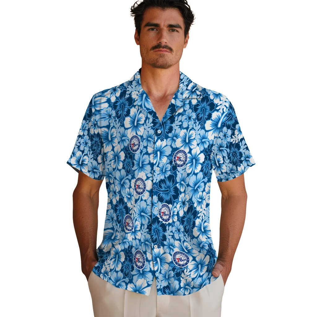 Philadelphia 76ers Hawaiian Shirt - Hibiscus Blooms philadelphia 76ers hibiscus blooms blue hawaiian shirts fashion forward