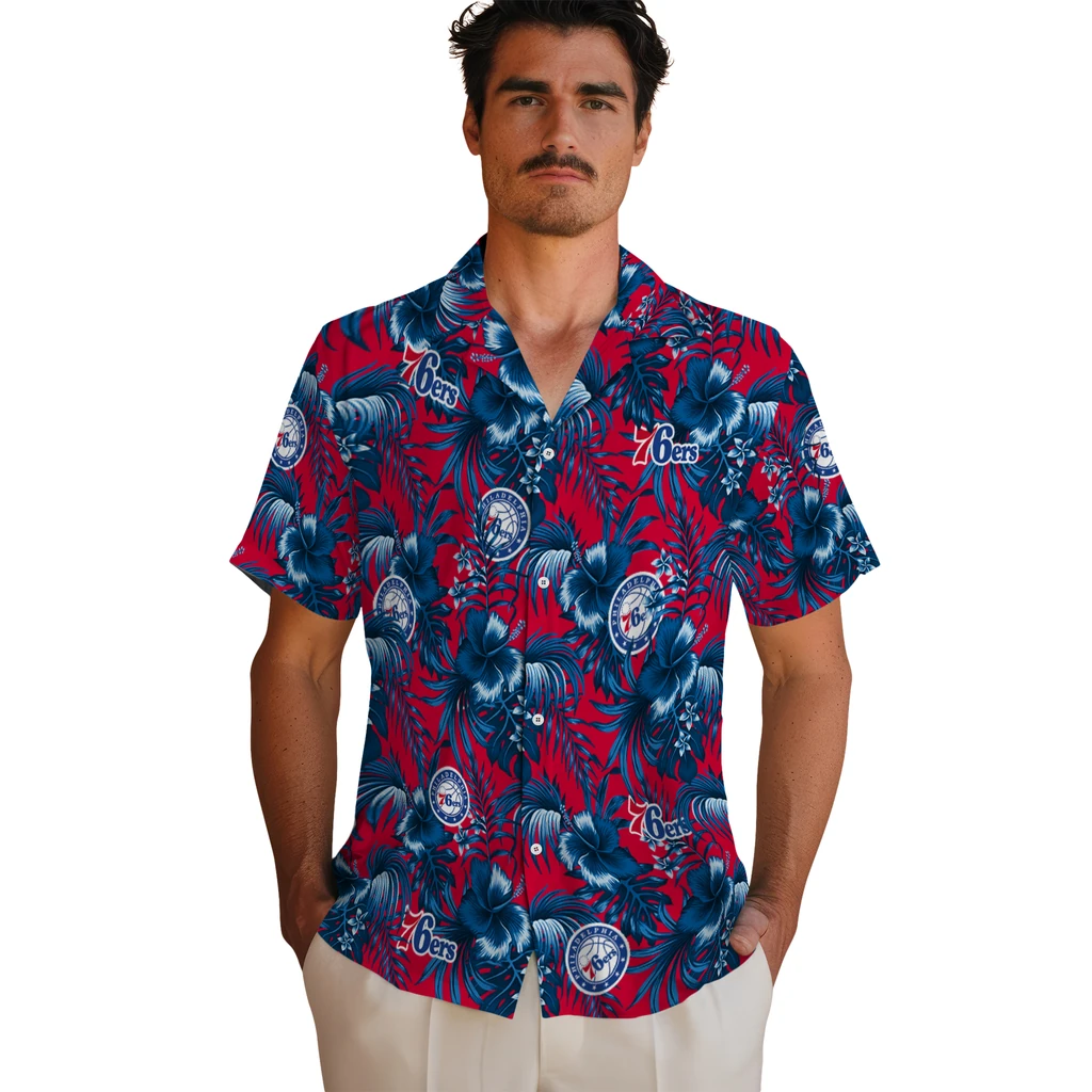 Philadelphia 76ers Hawaiian Shirt - Hibiscus Exotic philadelphia 76ers hibiscus exotic blue hawaiian shirts fashion forward