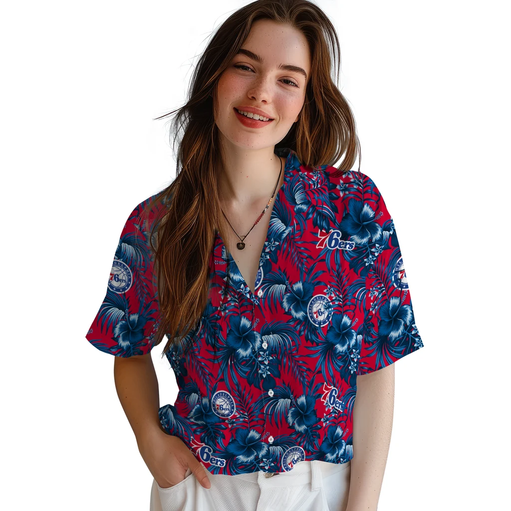 Philadelphia 76ers Hawaiian Shirt - Hibiscus Exotic philadelphia 76ers hibiscus exotic blue hawaiian shirts latest model
