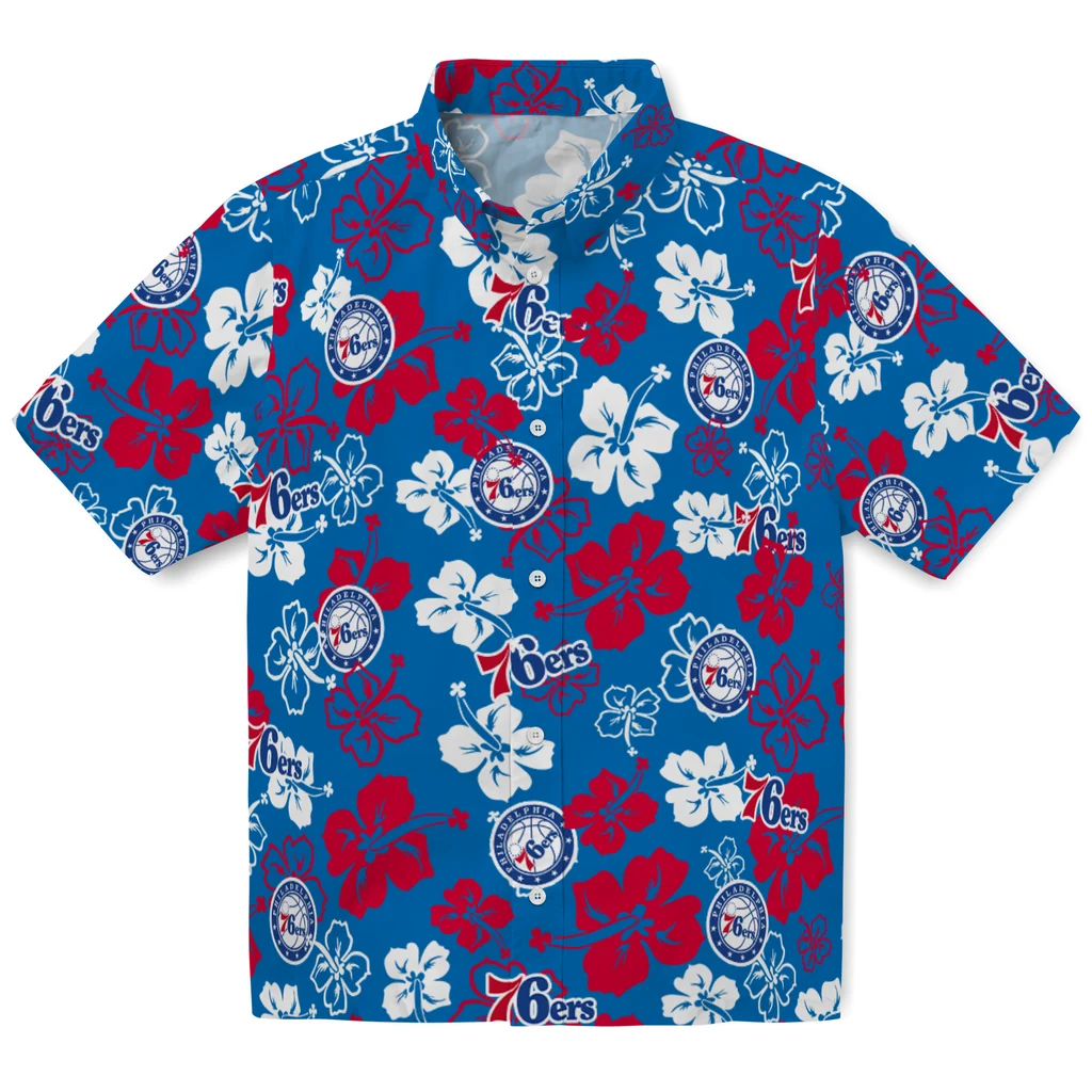 Philadelphia 76ers Hawaiian Shirt - Hibiscus Flower Design philadelphia 76ers hibiscus bloom blue hawaiian shirts best selling