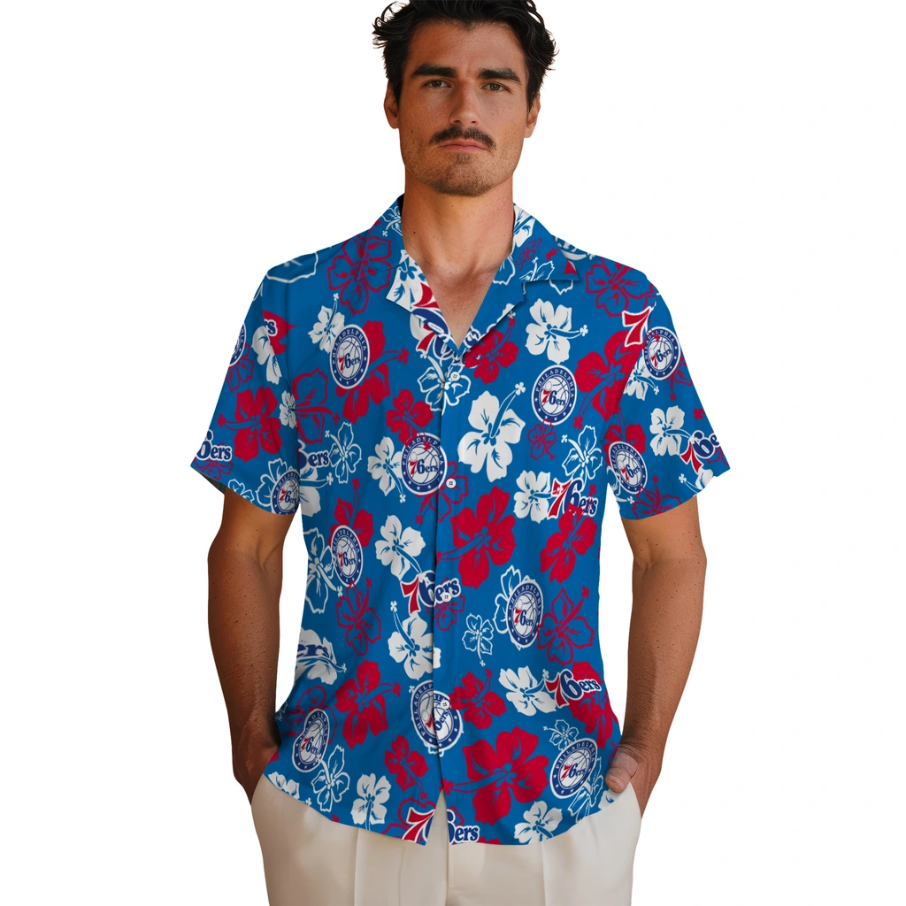 Philadelphia 76ers Hawaiian Shirt - Hibiscus Flower Design philadelphia 76ers hibiscus bloom blue hawaiian shirts fashion forward