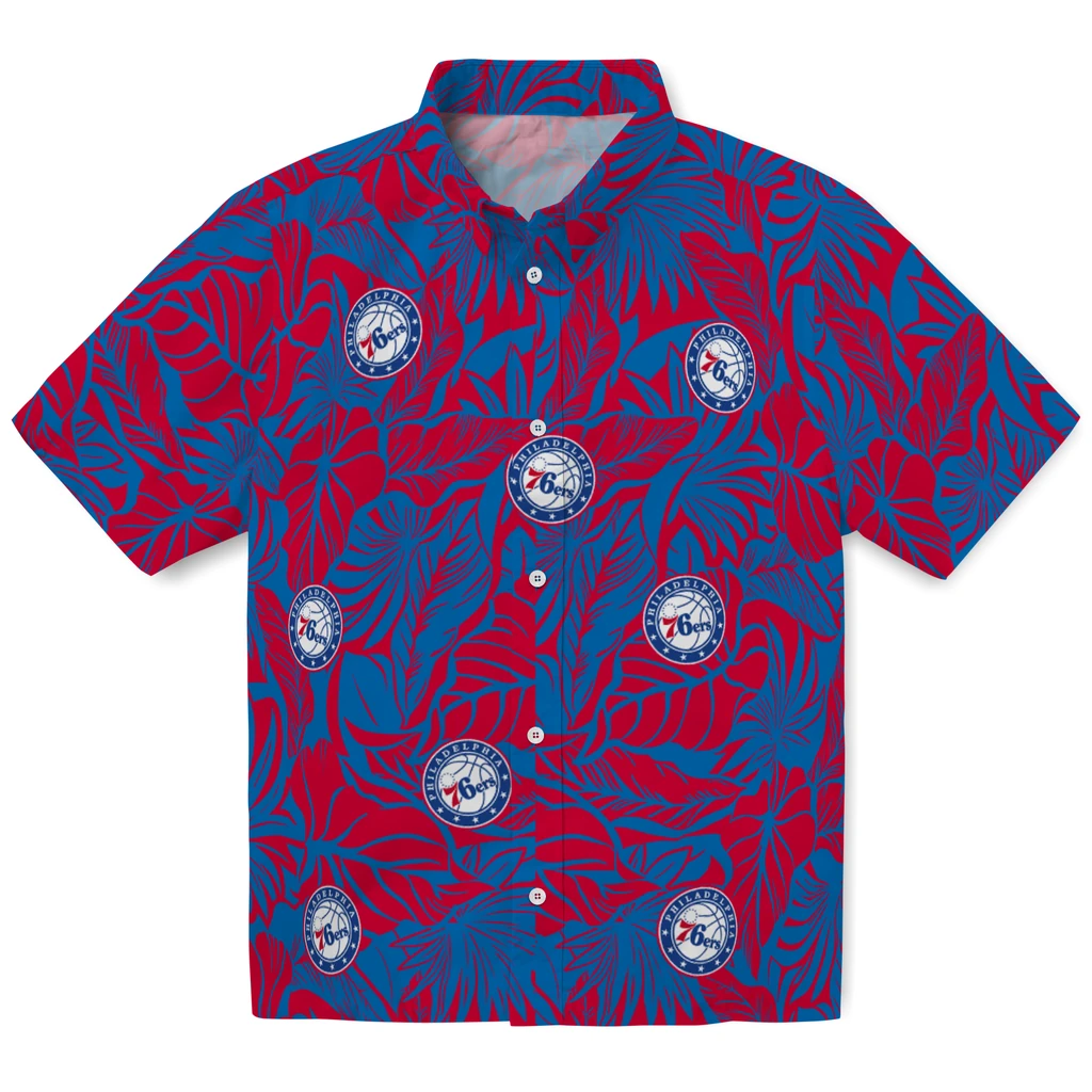 Philadelphia 76ers Hawaiian Shirt - Monstera Layer philadelphia 76ers monstera layer blue hawaiian shirts best selling