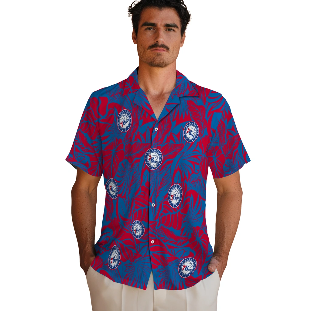 Philadelphia 76ers Hawaiian Shirt - Monstera Layer philadelphia 76ers monstera layer blue hawaiian shirts fashion forward
