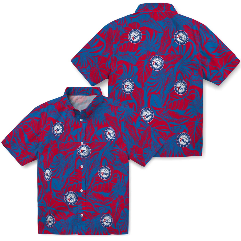 Philadelphia 76ers Hawaiian Shirt - Monstera Layer philadelphia 76ers monstera layer blue hawaiian shirts high quality