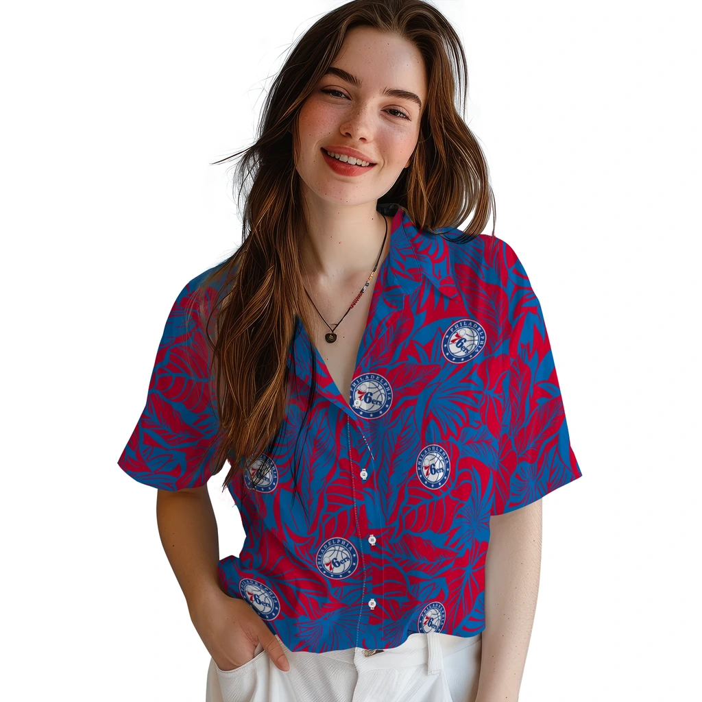 Philadelphia 76ers Hawaiian Shirt - Monstera Layer philadelphia 76ers monstera layer blue hawaiian shirts latest model