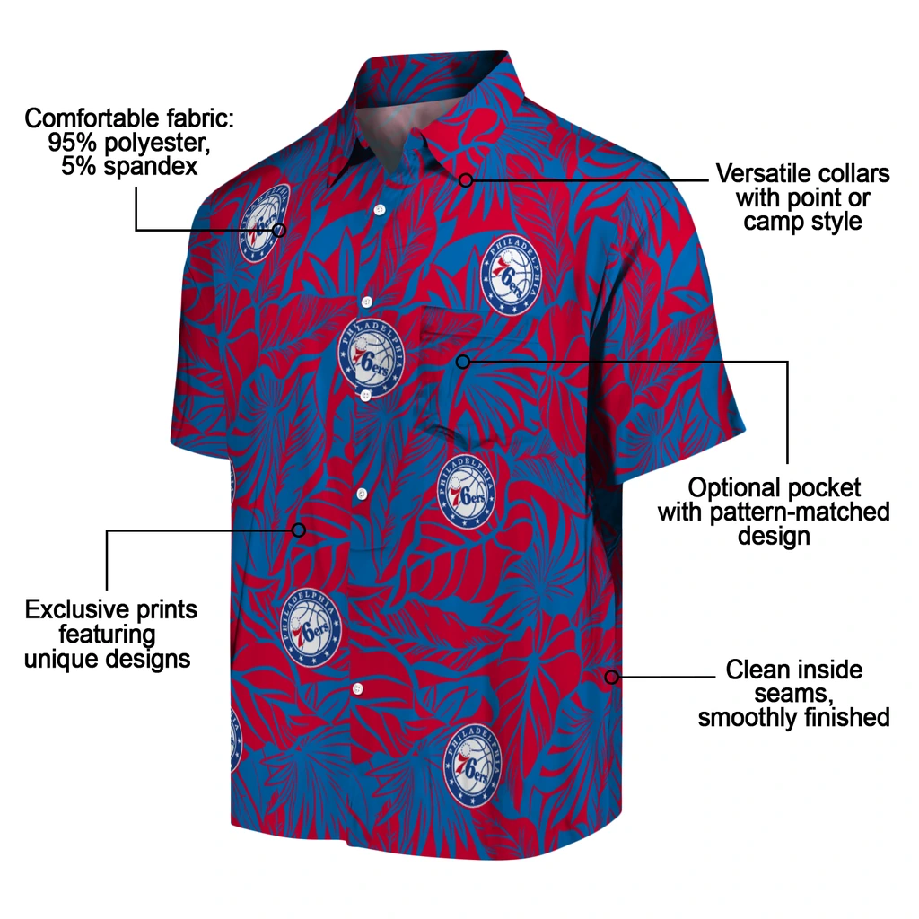 Philadelphia 76ers Hawaiian Shirt - Monstera Layer philadelphia 76ers monstera layer blue hawaiian shirts new arrival