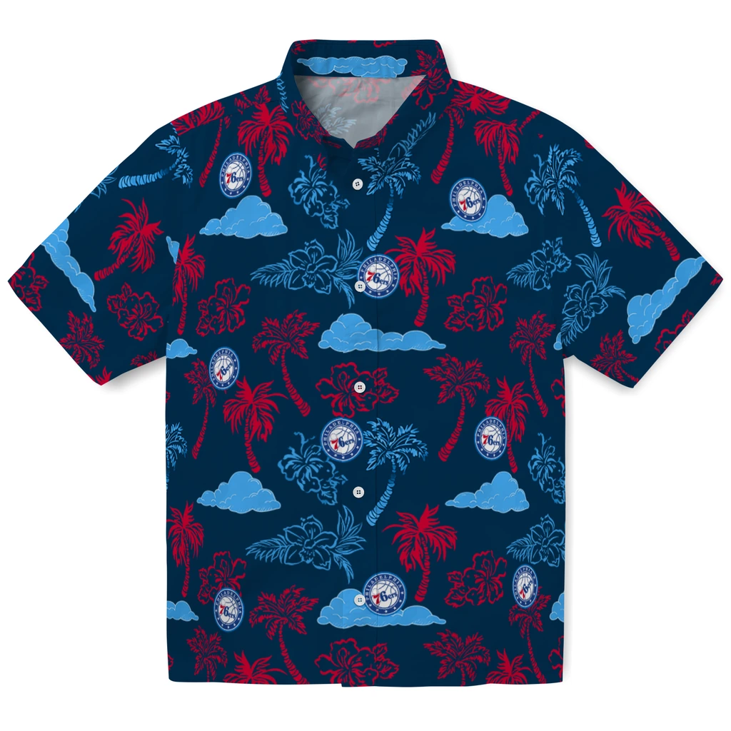 Philadelphia 76ers Hawaiian Shirt - Palm And Clouds philadelphia 76ers palm and clouds blue hawaiian shirts best selling