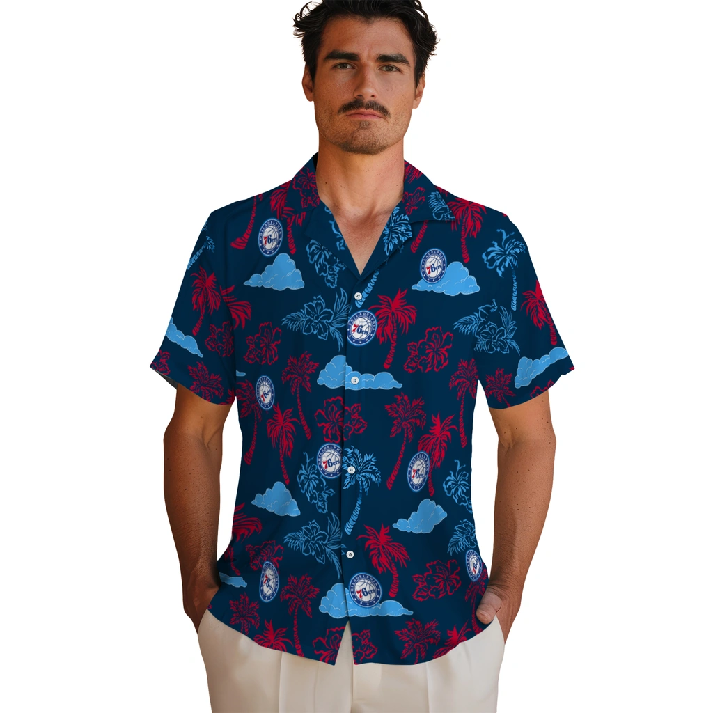 Philadelphia 76ers Hawaiian Shirt - Palm And Clouds philadelphia 76ers palm and clouds blue hawaiian shirts fashion forward