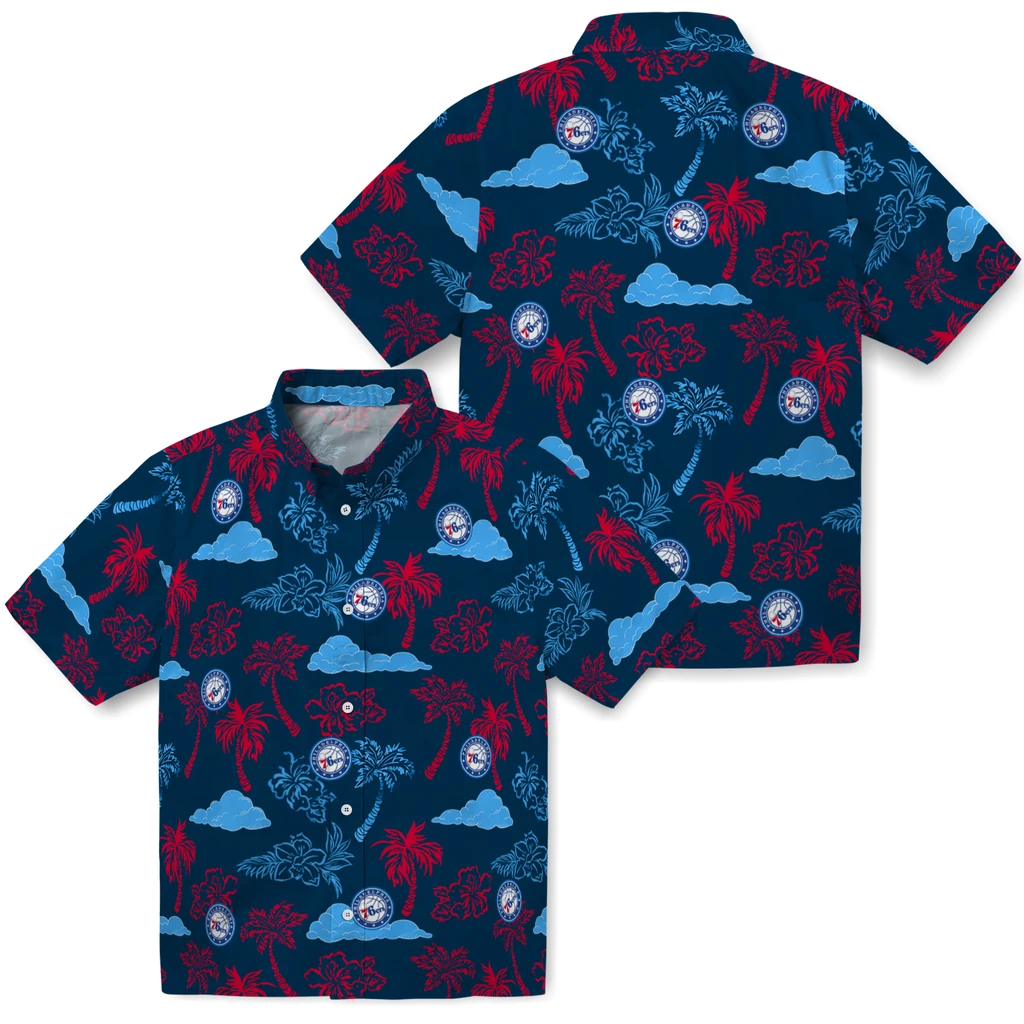 Philadelphia 76ers Hawaiian Shirt - Palm And Clouds philadelphia 76ers palm and clouds blue hawaiian shirts high quality