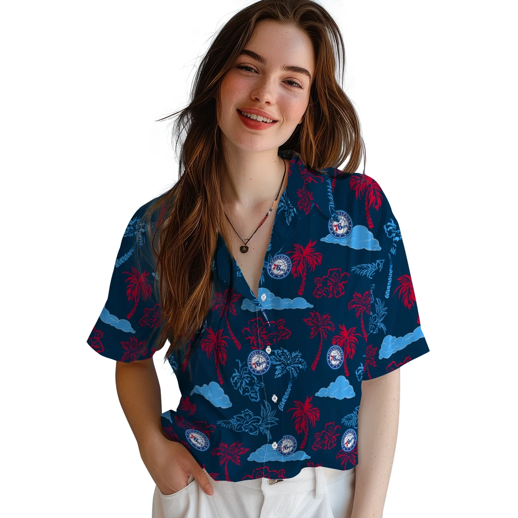 Philadelphia 76ers Hawaiian Shirt - Palm And Clouds philadelphia 76ers palm and clouds blue hawaiian shirts latest model