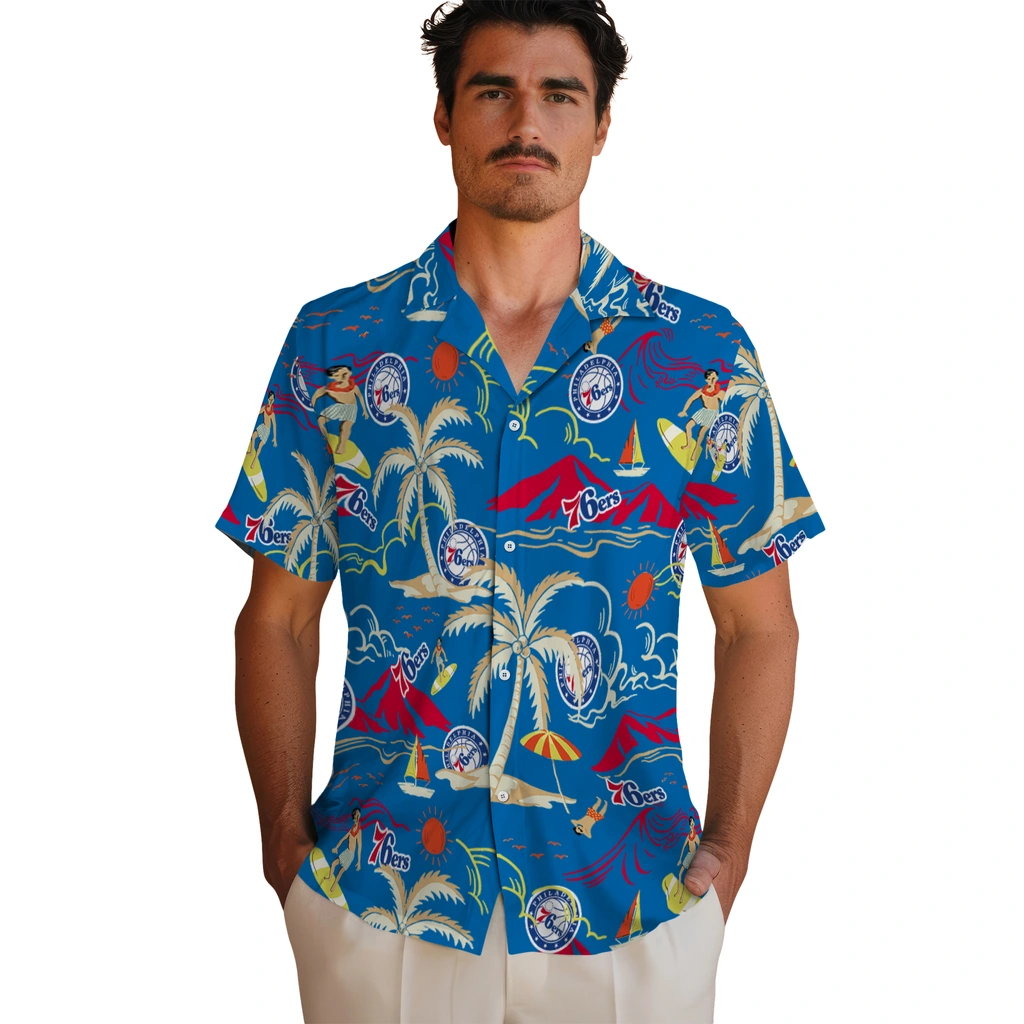 Philadelphia 76ers Hawaiian Shirt - Palm Tree Island philadelphia 76ers palm tree island blue hawaiian shirts fashion forward