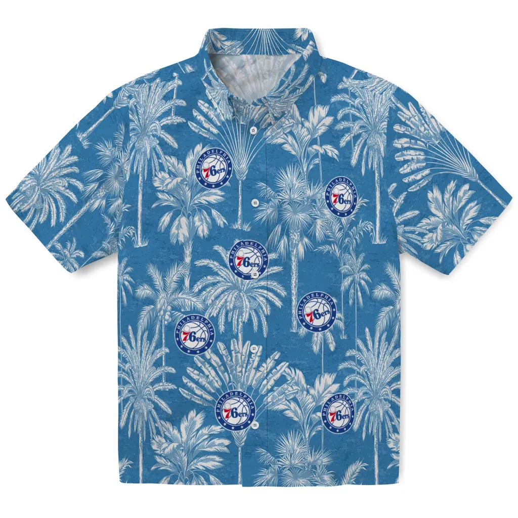 Philadelphia 76ers Hawaiian Shirt - Vintage Palm Tree philadelphia 76ers palm shadows blue hawaiian shirts best selling