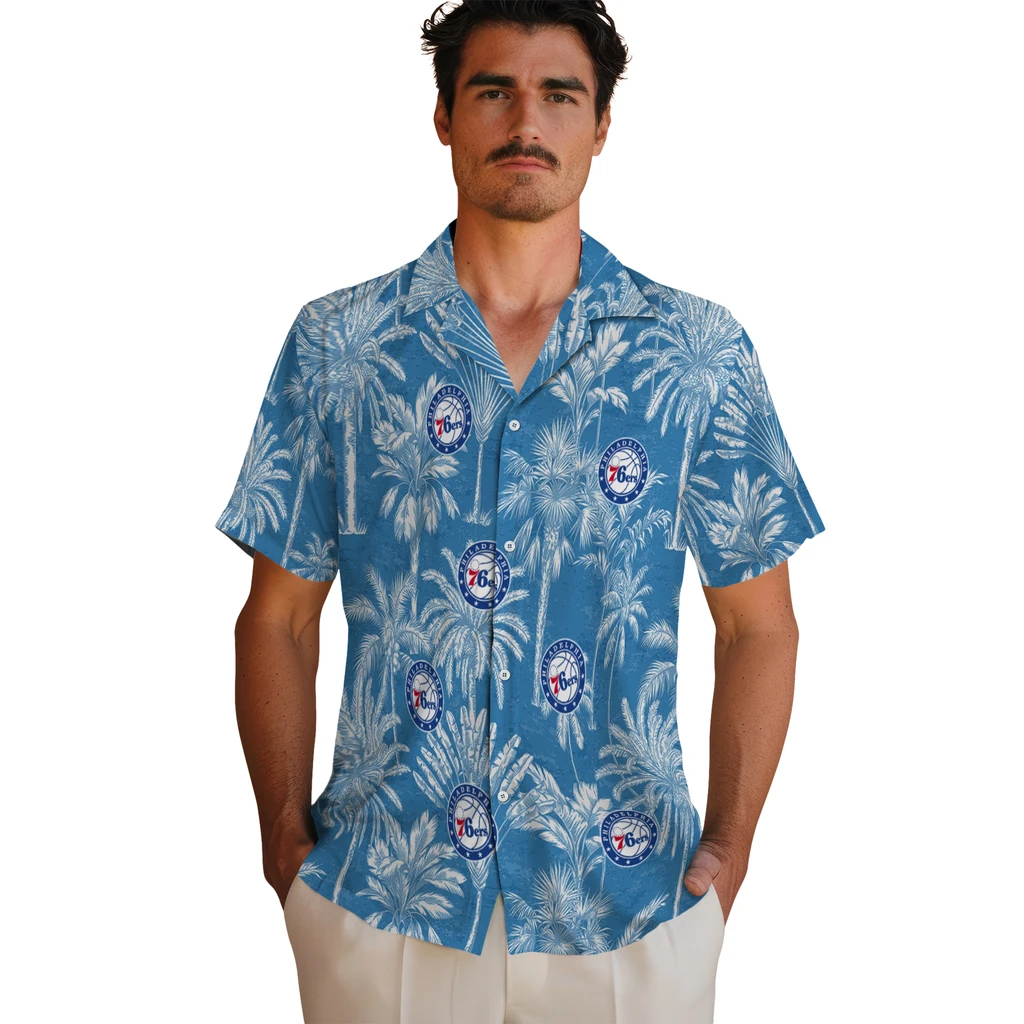 Philadelphia 76ers Hawaiian Shirt - Vintage Palm Tree philadelphia 76ers palm shadows blue hawaiian shirts fashion forward