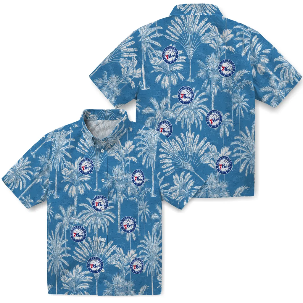 Philadelphia 76ers Hawaiian Shirt - Vintage Palm Tree philadelphia 76ers palm shadows blue hawaiian shirts high quality