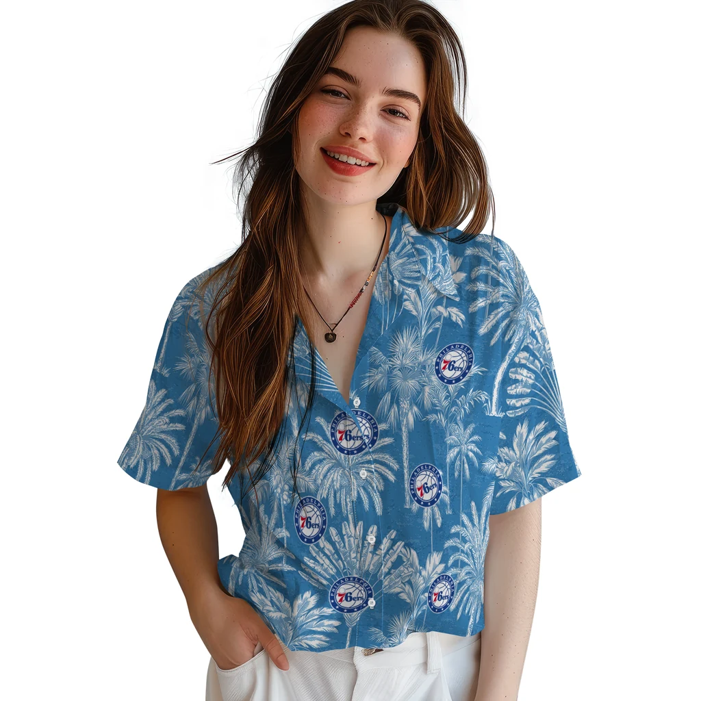 Philadelphia 76ers Hawaiian Shirt - Vintage Palm Tree philadelphia 76ers palm shadows blue hawaiian shirts latest model