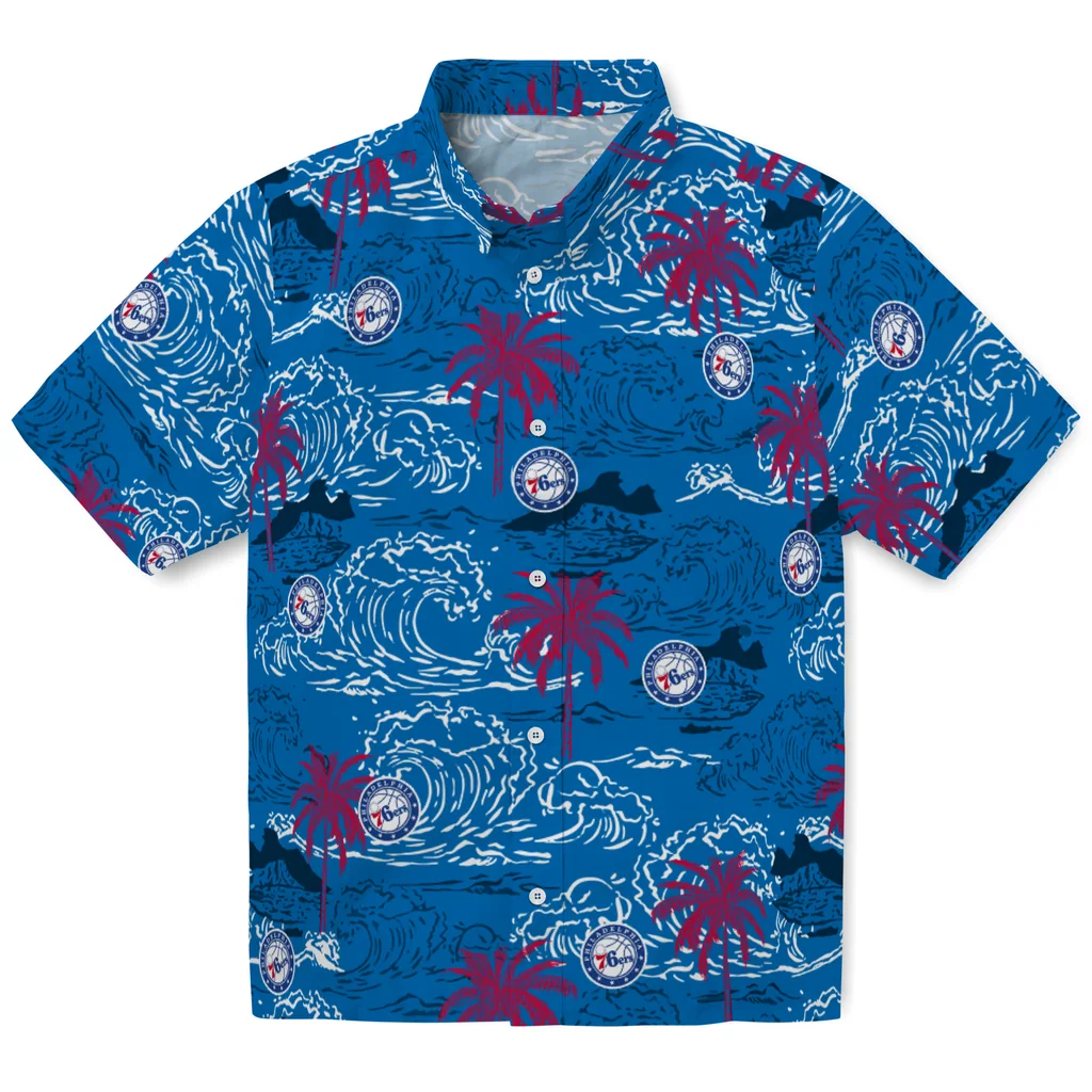 Philadelphia 76ers Hawaiian Shirt - Wave Palm philadelphia 76ers wave palm blue hawaiian shirts best selling