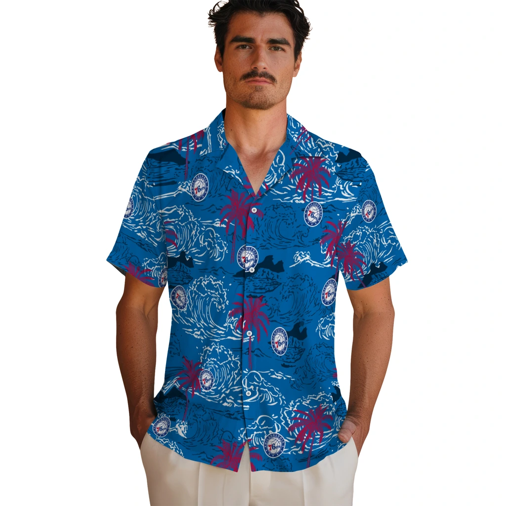 Philadelphia 76ers Hawaiian Shirt - Wave Palm philadelphia 76ers wave palm blue hawaiian shirts fashion forward