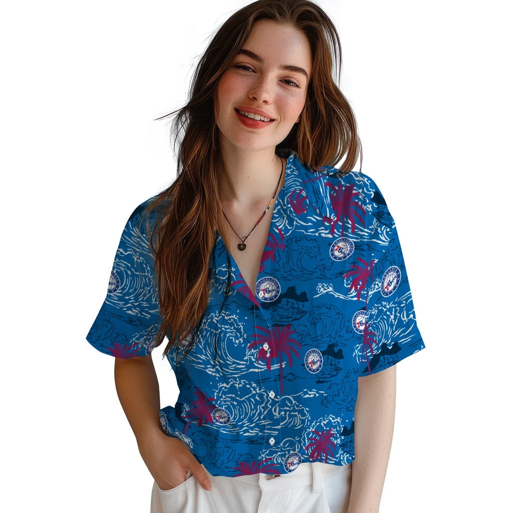 Philadelphia 76ers Hawaiian Shirt - Wave Palm philadelphia 76ers wave palm blue hawaiian shirts latest model
