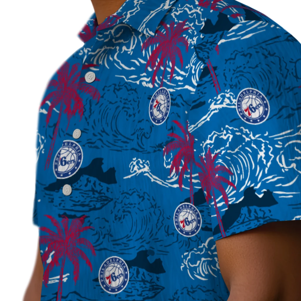 Philadelphia 76ers Hawaiian Shirt - Wave Palm philadelphia 76ers wave palm blue hawaiian shirts trendy