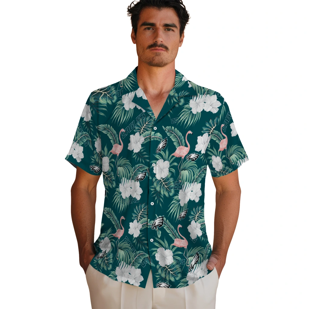 Philadelphia Eagles Hawaiian Shirt - Flamingo and Hibiscus philadelphia eagles flamingo palms green hawaiian shirts fashion forward
