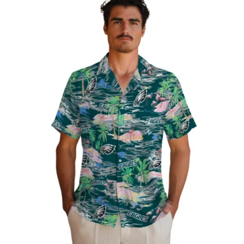 philadelphia eagles flamingo retreat green hawaiian shirts fashion forward