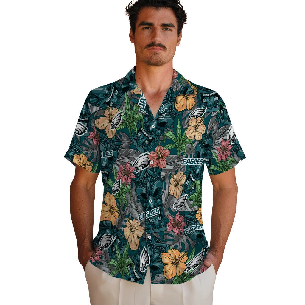 Philadelphia Eagles Hawaiian Shirt - Hibiscus Tiki Jungle philadelphia eagles tiki jungle green hawaiian shirts fashion forward