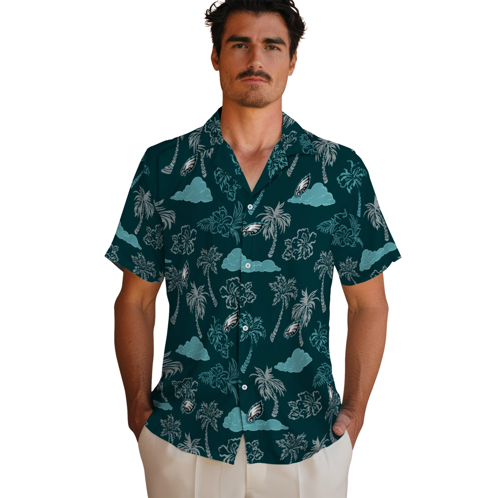 Philadelphia Eagles Hawaiian Shirt - Palm And Clouds philadelphia eagles palm and clouds green hawaiian shirts fashion forward