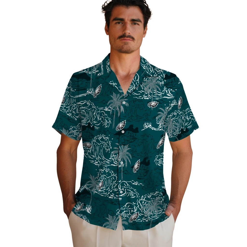 Philadelphia Eagles Hawaiian Shirt - Wave Palm philadelphia eagles wave palm green hawaiian shirts fashion forward