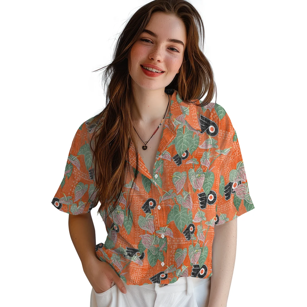 Philadelphia Flyers Hawaiian Shirt - Anthurium Overlay philadelphia flyers anthurium overlay orange hawaiian shirts latest model