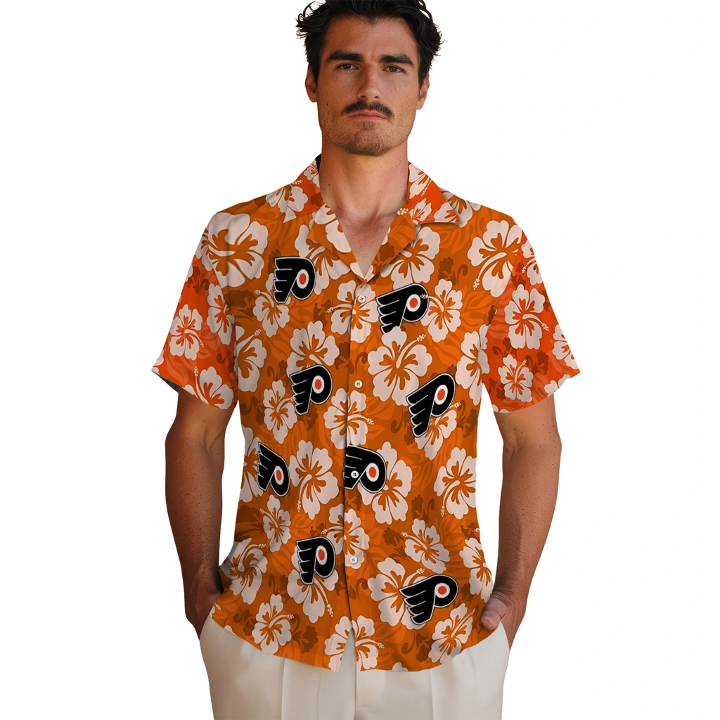 Philadelphia Flyers Hawaiian Shirt - Hibiscus Cluster philadelphia flyers hibiscus cluster orange hawaiian shirts fashion forward
