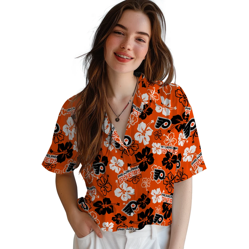 Philadelphia Flyers Hawaiian Shirt - Hibiscus Flower Design philadelphia flyers hibiscus bloom orange hawaiian shirts latest model