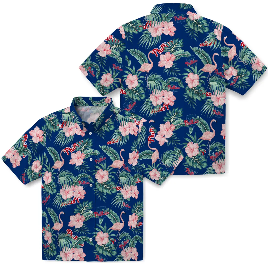 Philadelphia Phillies Hawaiian Shirt - Flamingo and Hibiscus philadelphia phillies flamingo palms blue hawaiian shirts high quality