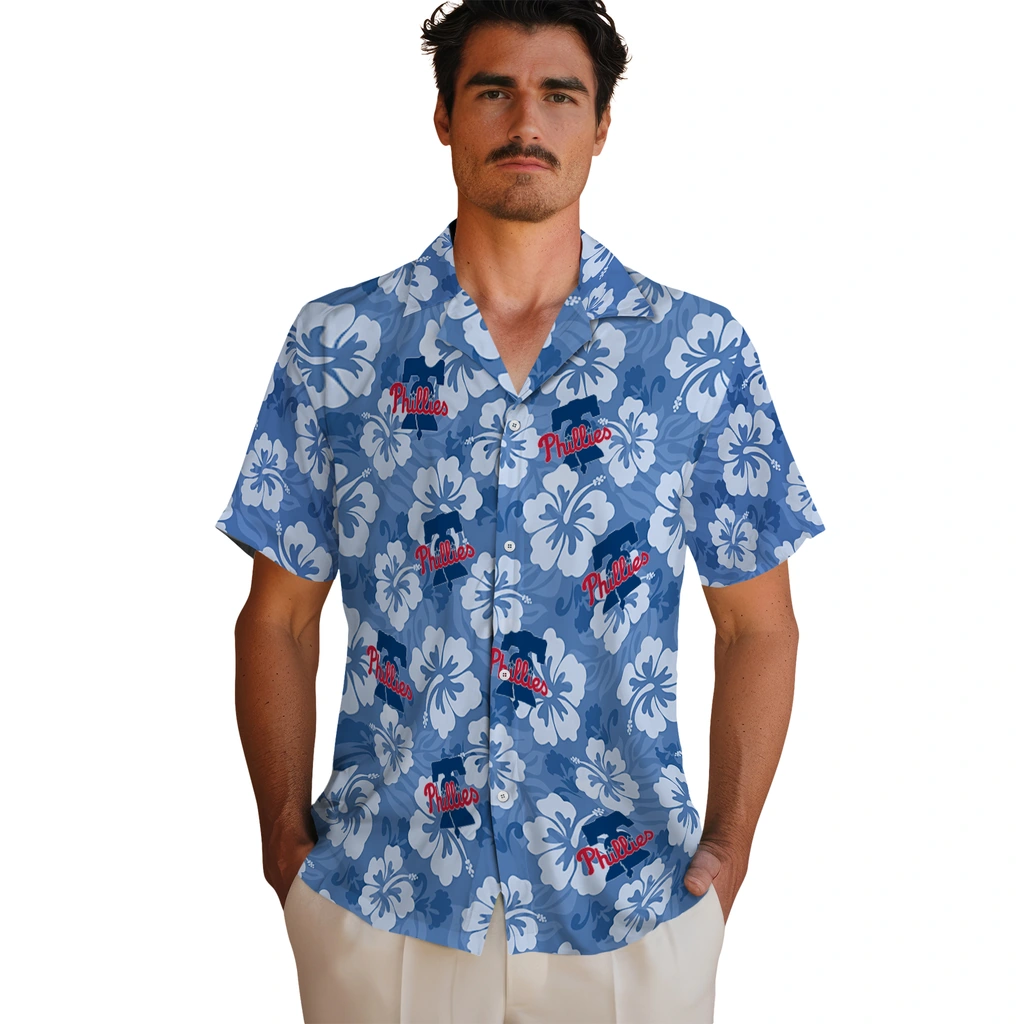 Philadelphia Phillies Hawaiian Shirt - Hibiscus Cluster philadelphia phillies hibiscus cluster blue hawaiian shirts fashion forward