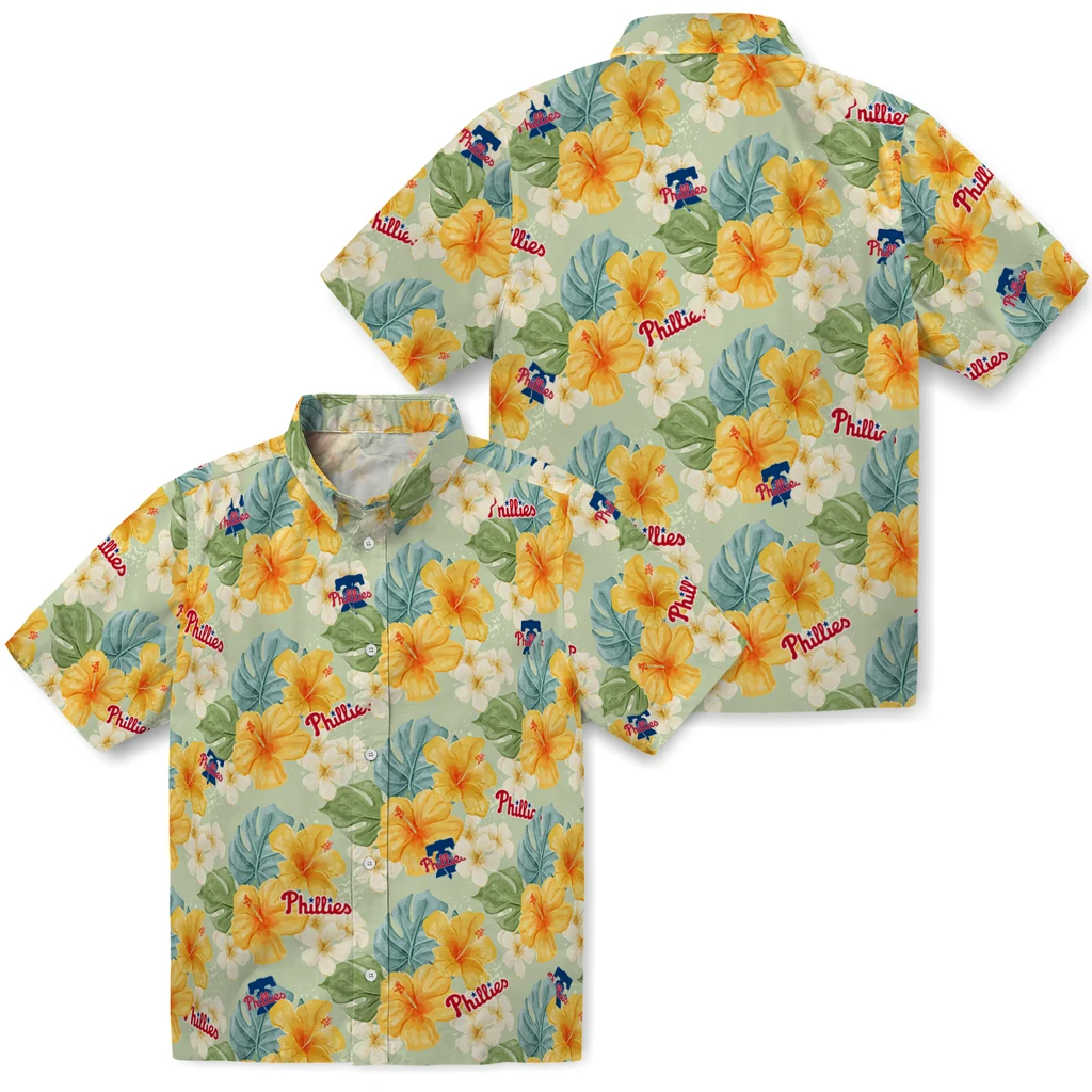 Philadelphia Phillies Hawaiian Shirt - Hibiscus Mood philadelphia phillies hibiscus mood pale lime yellow hawaiian shirts high quality