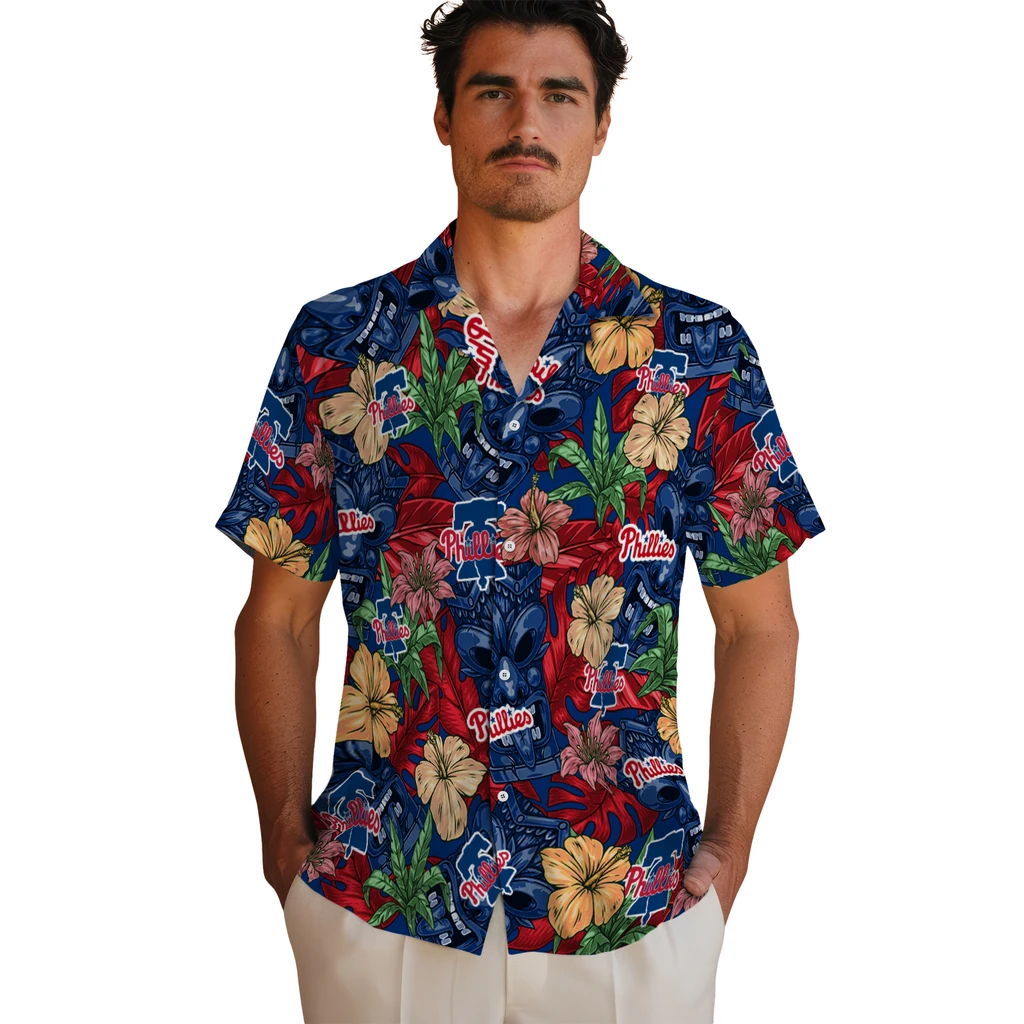 Philadelphia Phillies Hawaiian Shirt - Hibiscus Tiki Jungle philadelphia phillies tiki jungle blue hawaiian shirts fashion forward