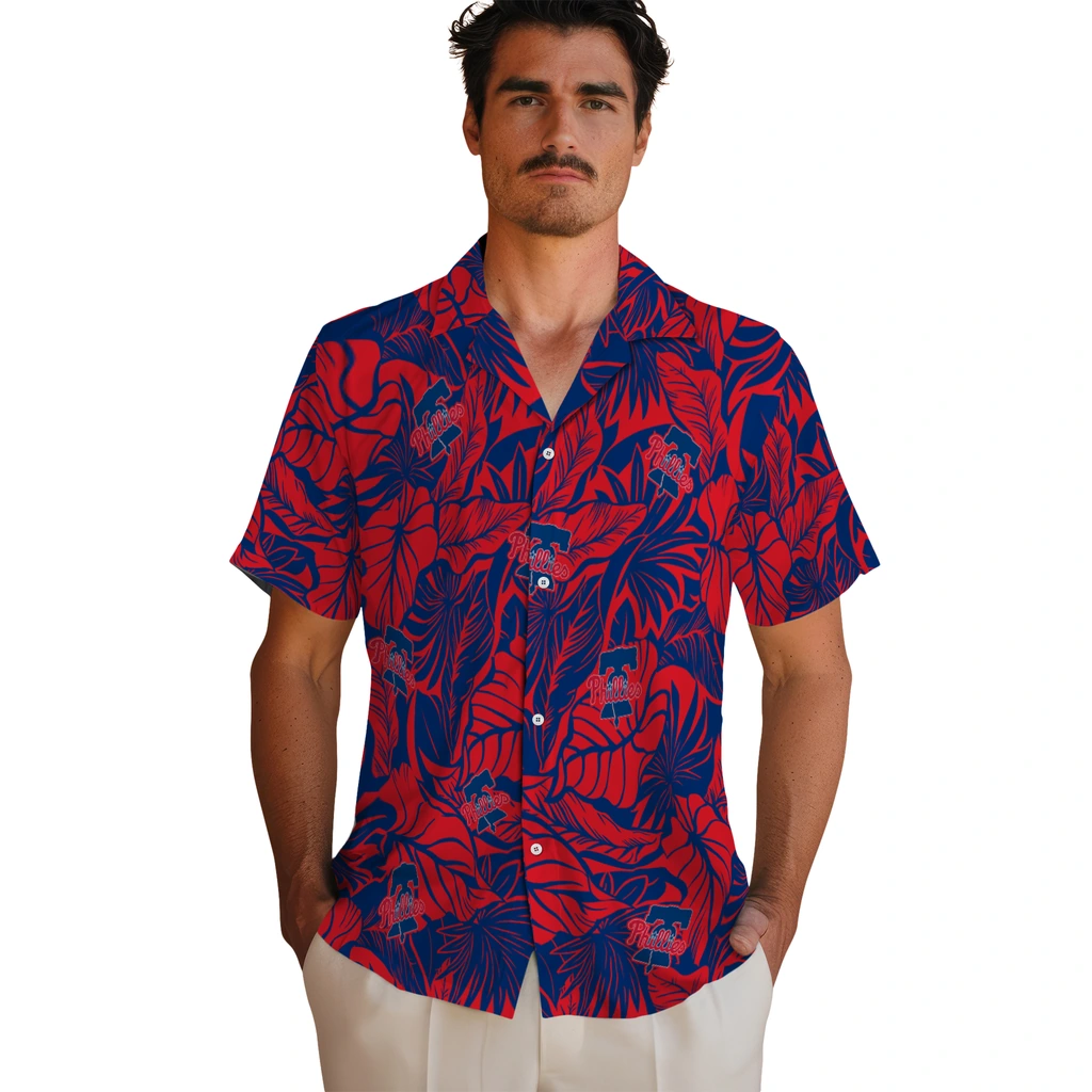 Philadelphia Phillies Hawaiian Shirt - Monstera Layer philadelphia phillies monstera layer blue hawaiian shirts fashion forward