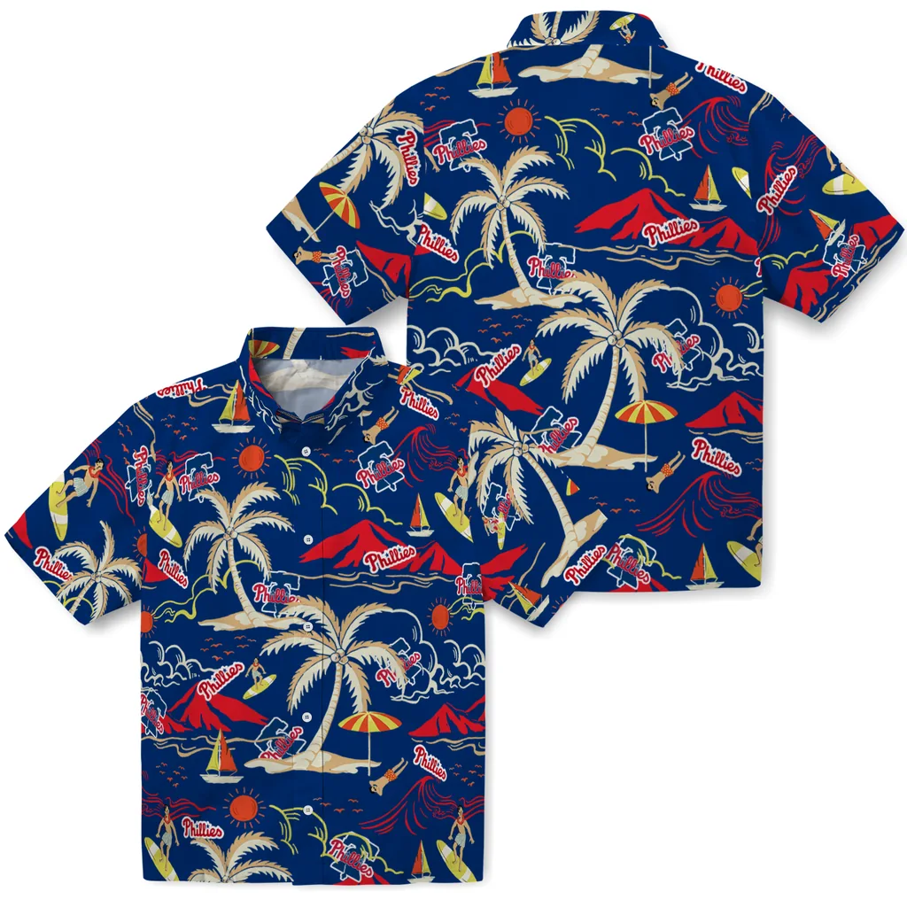 Philadelphia Phillies Hawaiian Shirt - Palm Tree Island philadelphia phillies palm tree island blue hawaiian shirts high quality